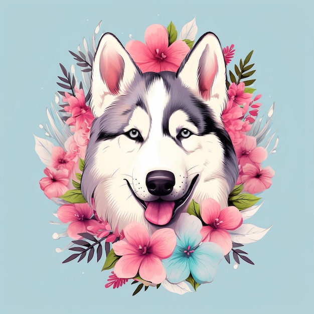 Um cachorro husky fofo e sorridente com uma ilustração floral de fundo florido gerada por Ai
