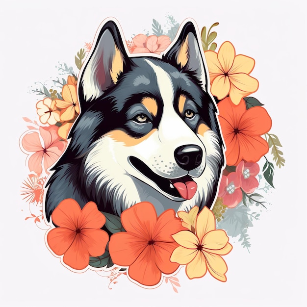 Um cachorro husky fofo e sorridente com uma ilustração floral de fundo florido gerada por Ai