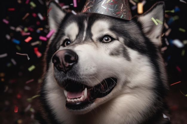 Um cachorro husky usando um chapéu de festa com a palavra cachorro