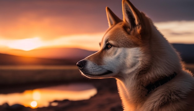 Um cachorro jindo olhando para o pôr do sol realista