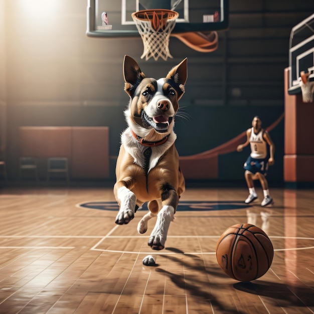 Um cachorro jogando basquete