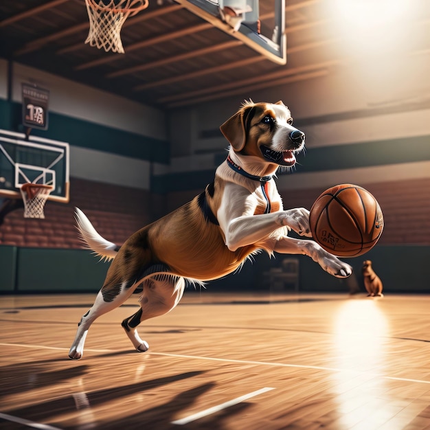 Um cachorro jogando basquete