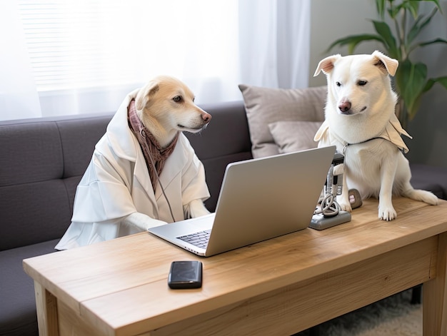 Um cachorro labrador vestido de médico usando laptop e examinando outro cachorro como paciente