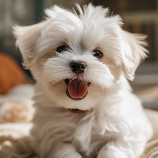 Um cachorro maltês branco avermelhado com a língua de fora