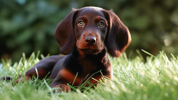 Um cachorro marrom deitado na grama