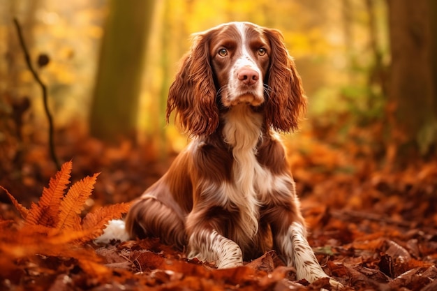 Um cachorro na floresta com folhas de outono nele