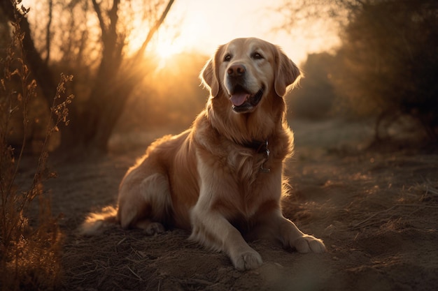 Um cachorro na floresta com o sol atrás dele