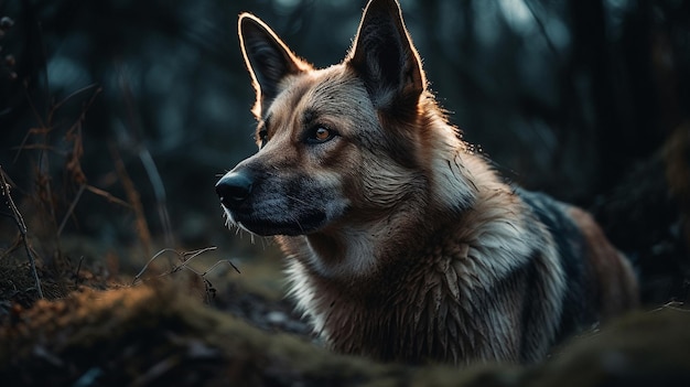 Um cachorro na floresta com um fundo escuro