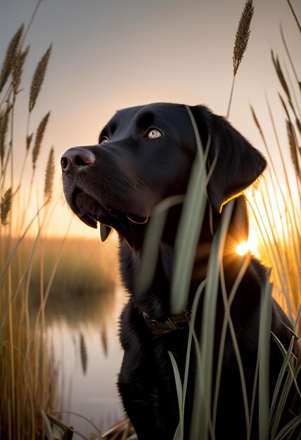 Um cachorro na grama alta ao pôr do sol com o sol se pondo atrás dele.