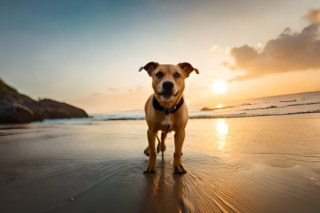 Um cachorro na praia ao pôr do sol