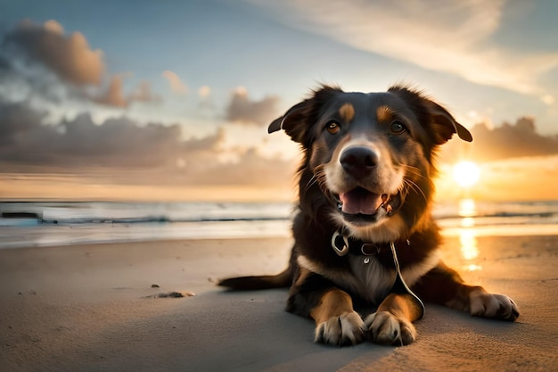 Um cachorro na praia ao pôr do sol