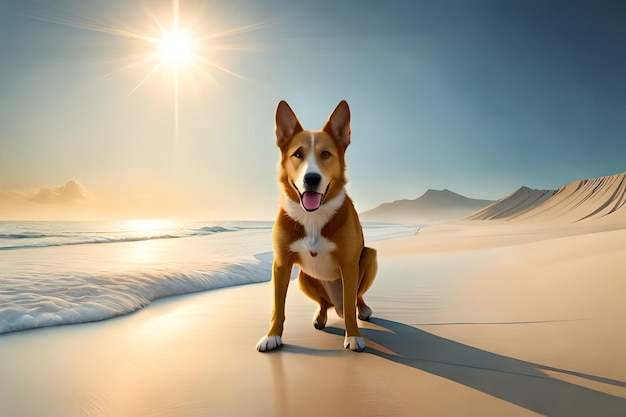 um cachorro na praia com o sol atrás dele