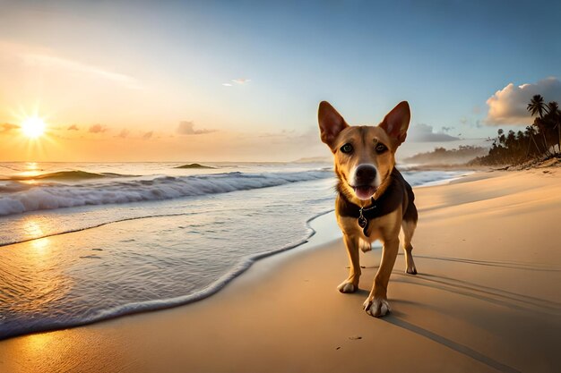 Um cachorro na praia com o sol se pondo atrás dele