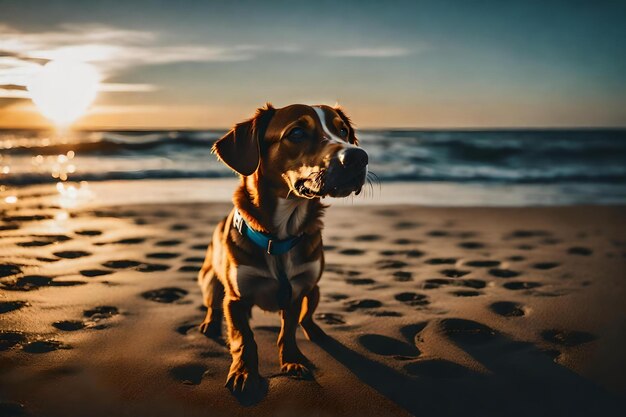 Um cachorro na praia com uma câmera na boca.