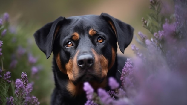 Um cachorro nas flores