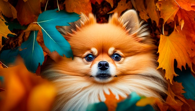 Um cachorro nas folhas de outono com a palavra pomerânia na parte inferior.