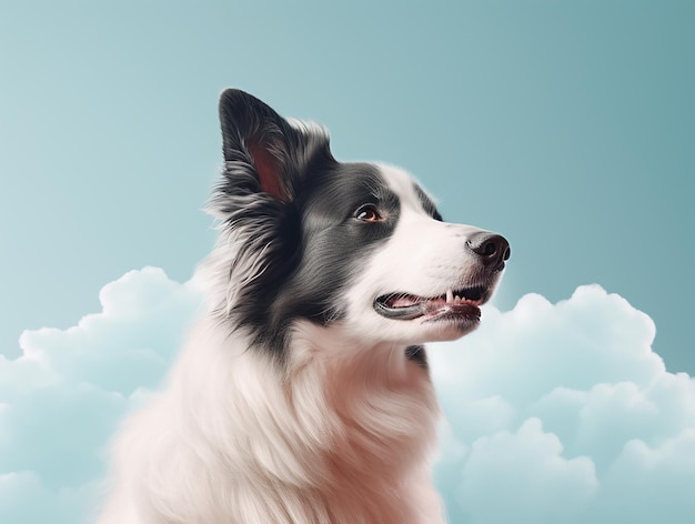 Um cachorro nas nuvens com um fundo azul