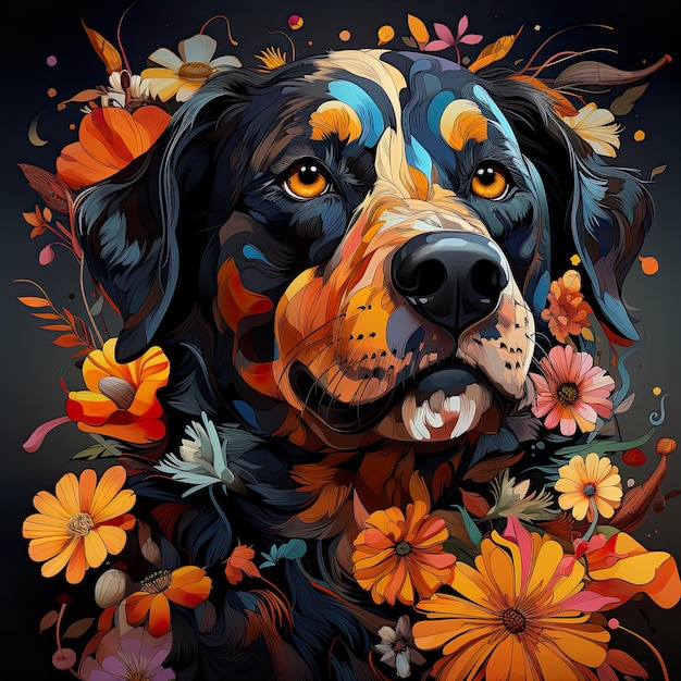 Um cachorro no meio de flores no estilo de ilustrações altamente detalhadas no estilo de ilustração psicodélica no estilo de composições escuras paleta de cores quentes Generative Ai