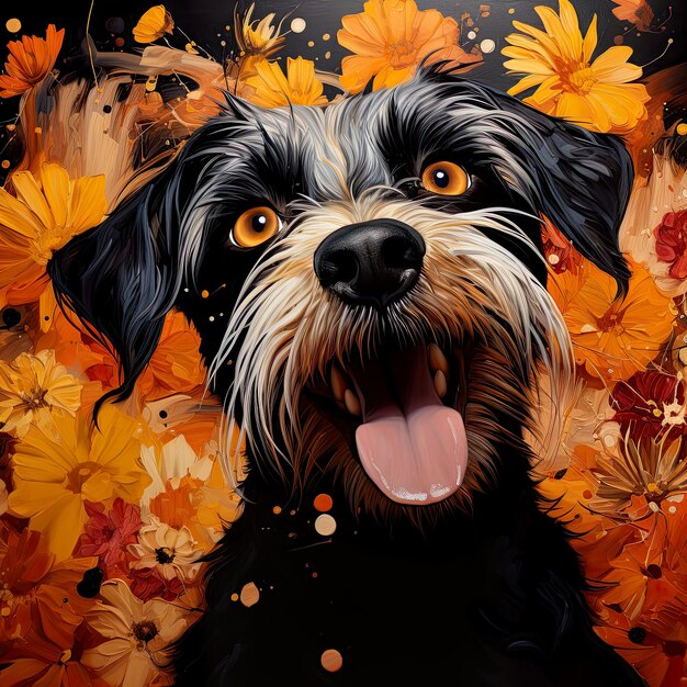 Um cachorro no meio de flores no estilo de ilustrações altamente detalhadas no estilo de ilustração psicodélica no estilo de composições escuras paleta de cores quentes Generative Ai