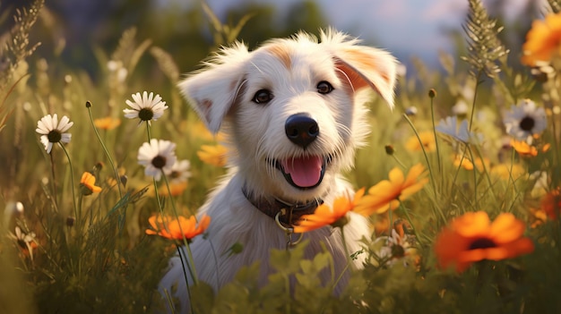 Um cachorro num campo com flores em estilo de desenho animado