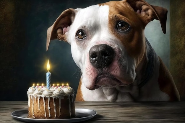 Um cachorro olhando para um bolo de aniversário com uma vela nele
