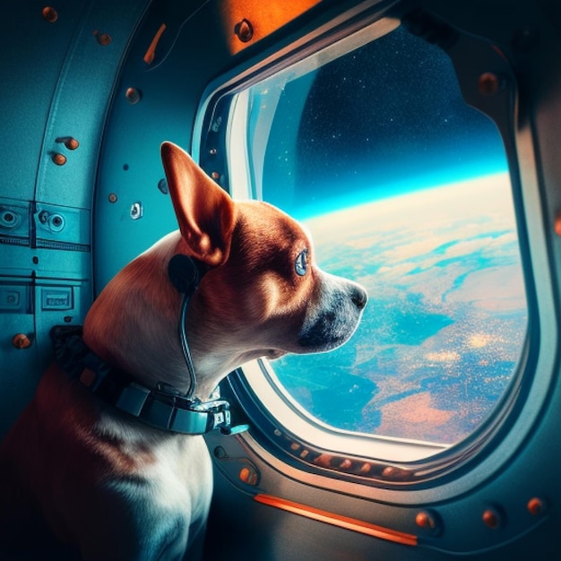 Um cachorro olhando pela janela com o planeta Terra visível ao fundo