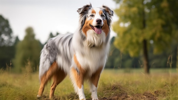 Um cachorro parado em um campo com árvores ao fundo