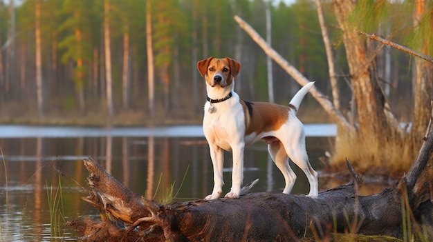 Um cachorro parado em um tronco em frente a um lago