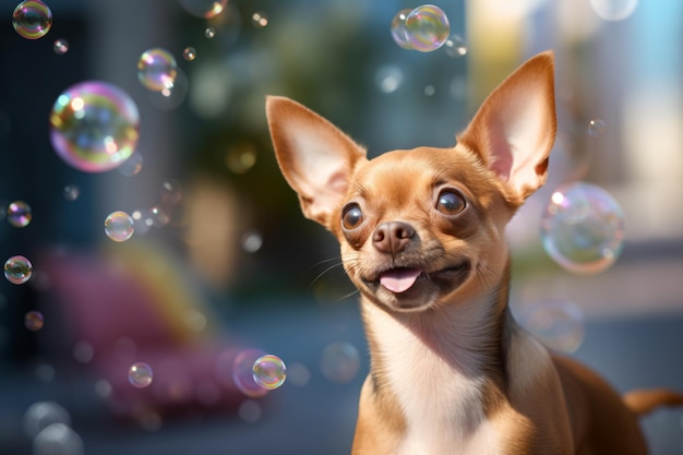 um cachorro pequeno está sentado na frente de bolhas