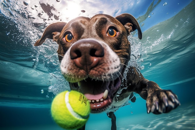 Um cachorro Pitbull feliz pegando uma bola de tênis debaixo d’água