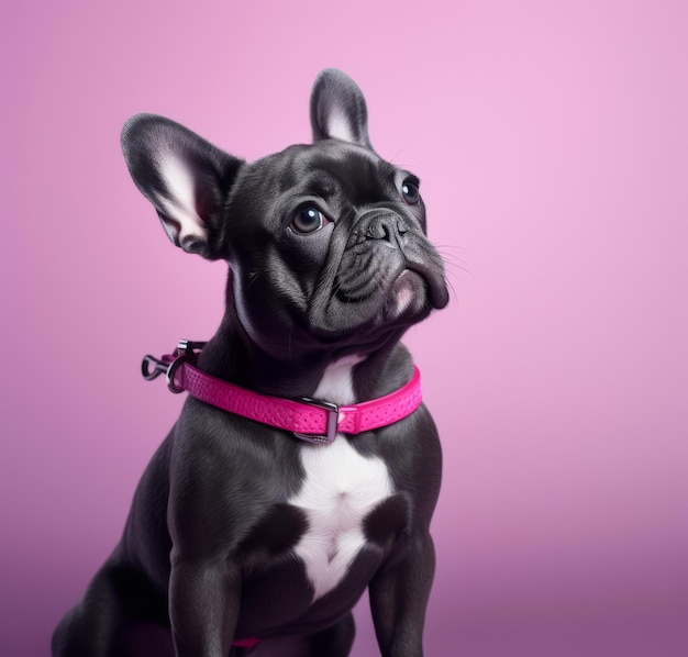 Um cachorro preto com coleira rosa e coleira rosa.