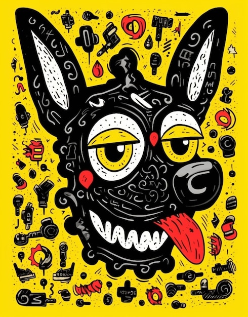 Um cachorro preto com olhos amarelos e um fundo amarelo generativo ai