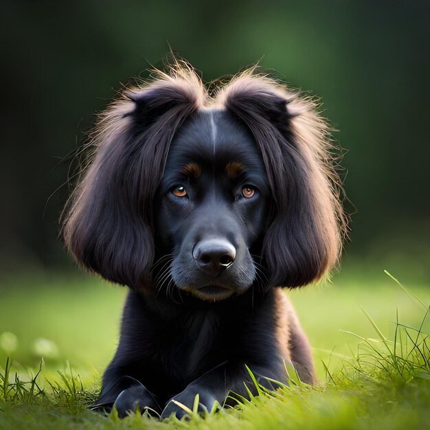 Um cachorro preto com olhos castanhos está deitado na grama.