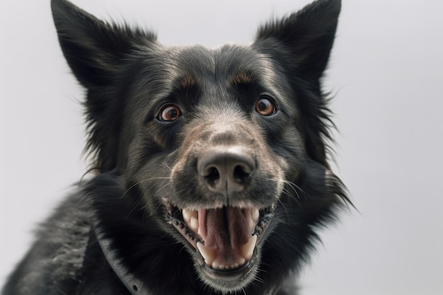 Um cachorro preto com um grande sorriso e um grande sorriso