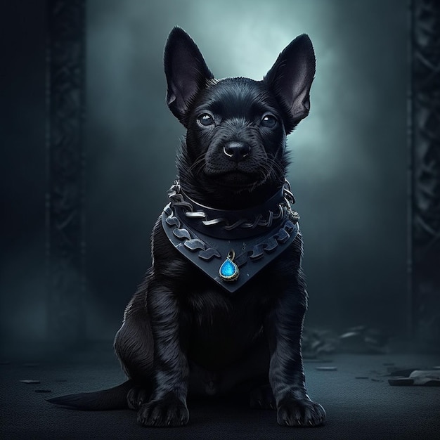 Um cachorro preto com um pingente de diamante azul está sentado em uma sala escura.