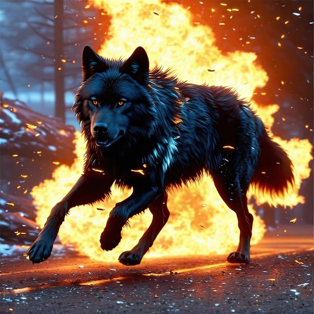 Foto um cachorro preto corre em frente a uma fogueira com as palavras 