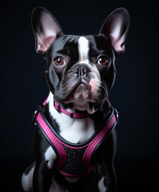 Um cachorro preto e branco com um arnês rosa que diz bulldog francês.