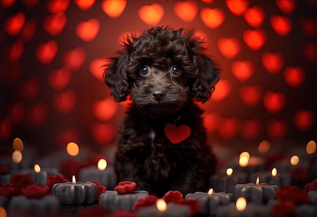 um cachorro preto e branco está de pé na frente de corações no estilo de marrom escuro e carmesim