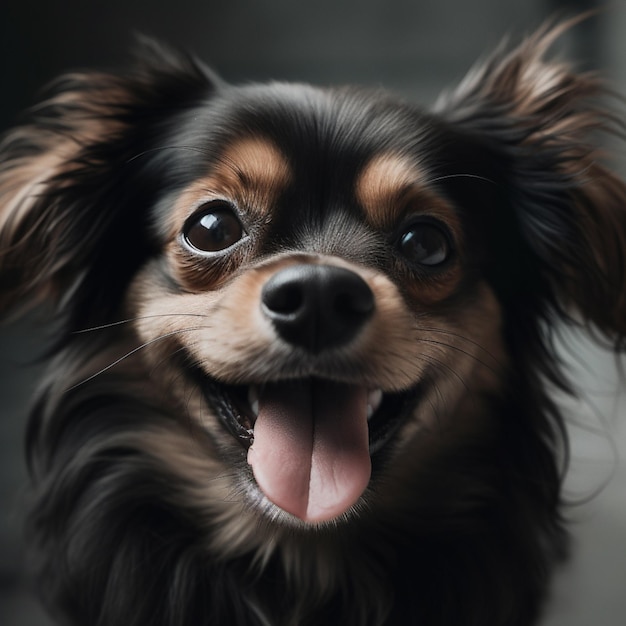 Um cachorro preto e marrom com um grande sorriso no rosto.