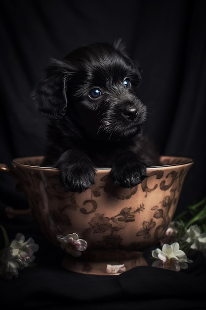 Um cachorro preto em uma tigela com o número 3 nele.