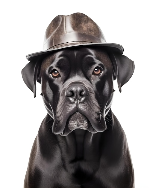 Um cachorro preto usando um chapéu que diz 'cachorro preto' nele