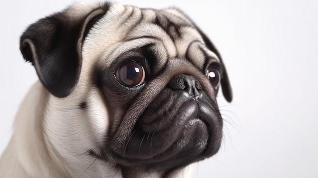 Um cachorro pug com rosto preto e grandes olhos castanhos