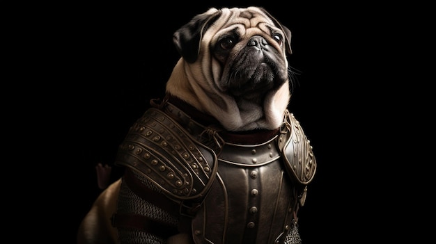 Um cachorro pug com uma espada