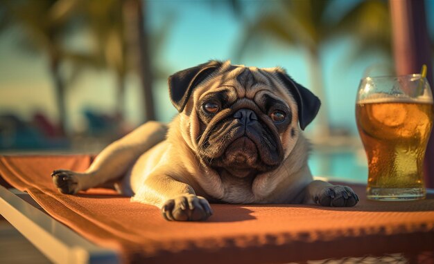 Um cachorro pug deitado em uma cadeira de praia