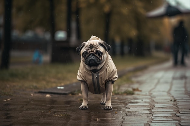 Um cachorro pug em uma capa de chuva está em uma calçada molhada.