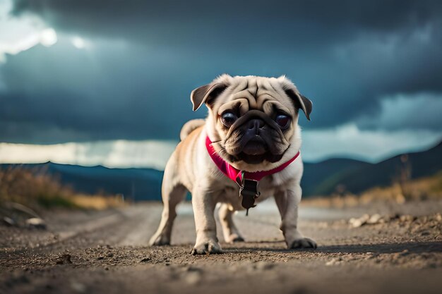 Um cachorro pug em uma estrada de terra com um céu tempestuoso ao fundo