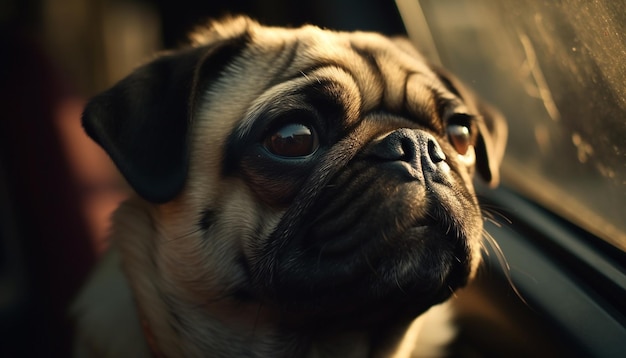 Um cachorro pug está sentado ao sol.