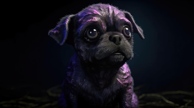 Um cachorro pug roxo com cabelo roxo senta-se em um tronco.