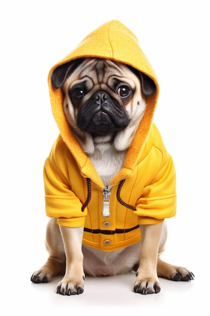 Um cachorro pug vestindo um moletom amarelo com um moletom amarelo.