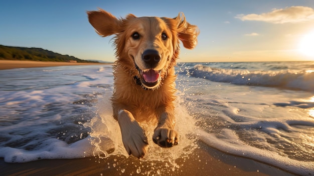 Um cachorro pula na água ao pôr do sol